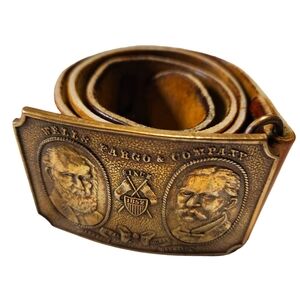 Vtg Brass Belt Buckle Leather Belt Tiffany New York Wells Fargo & Company